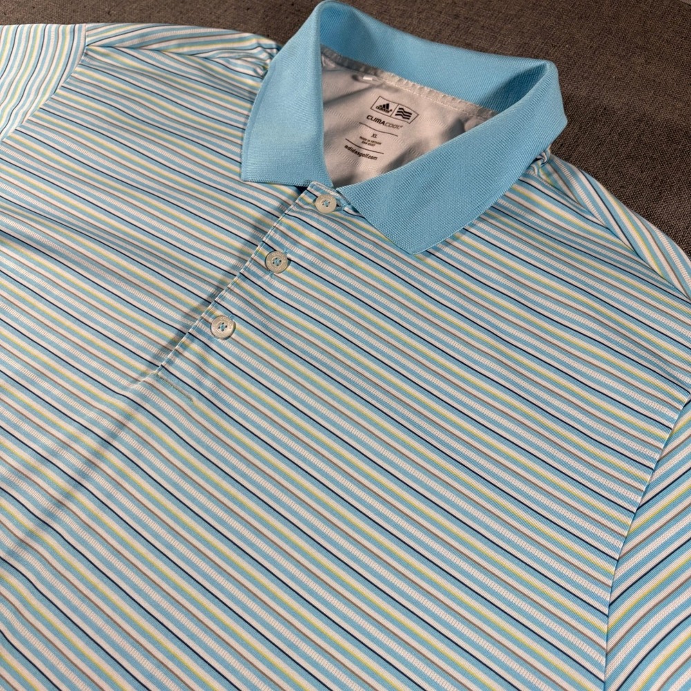Adidas Golf Polo Shirt Mens XL Blue Striped ClimaCool Short Sleeve Performance